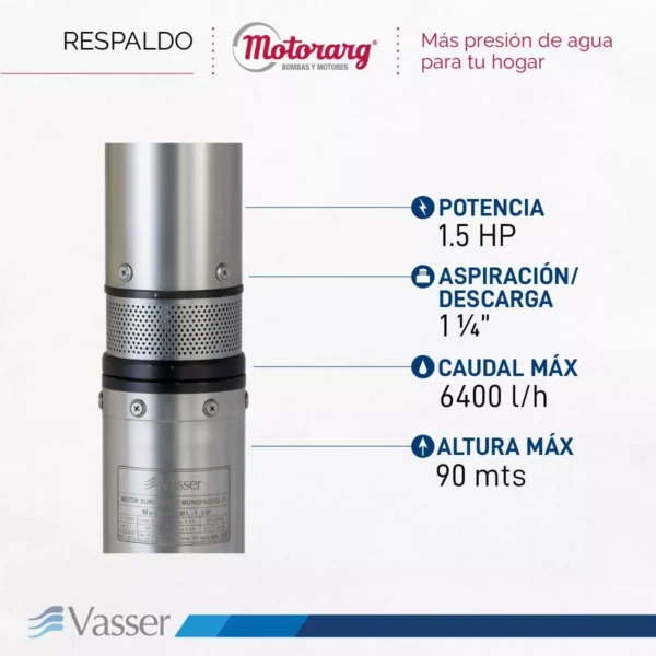 BOMBA SUMERGIBLE MOTORARG VASSER 4'-1.5 HP BS4-150-2A - Imagen 2