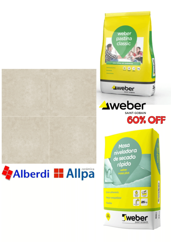 COMBO REVESTIMIENTO! 24m2 Ceramica Allpa California Beige + Adhesivo Weber = PASTINA WEBER 60% Off