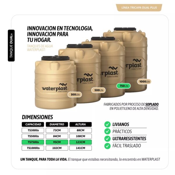 TANQUE TRICAPA WATERPLAST 750 LTS - Imagen 2