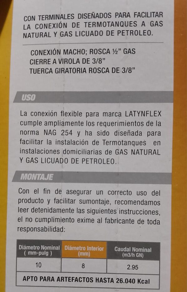 FLEXIBLE EXTENSIBLE P/TERMOTANQUE 1/2X3/8 40 CMS A 105 CMS - Imagen 2